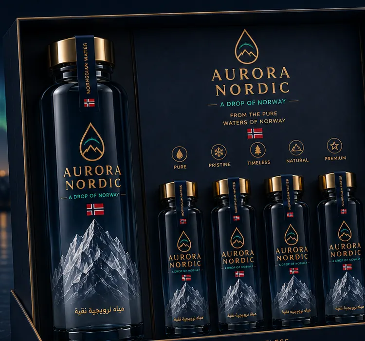 Aurora Nordic Experience gift box concept, open with five bottles